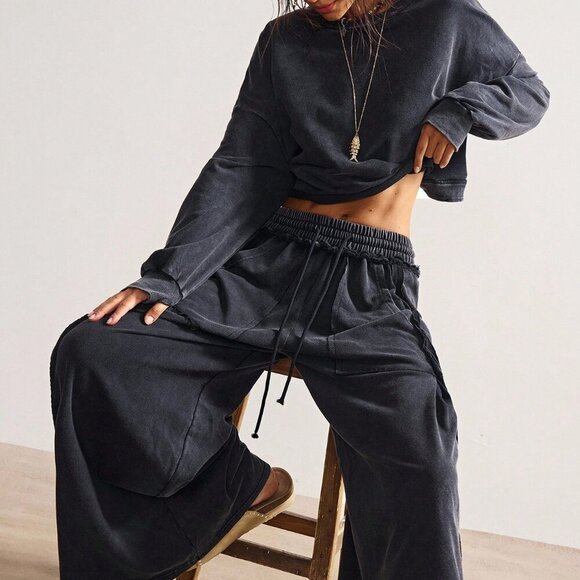 Black Casual Women's Washed Knit Long Sleeve Loose Backless Sweatshirt & pants - Picture 8 of 8